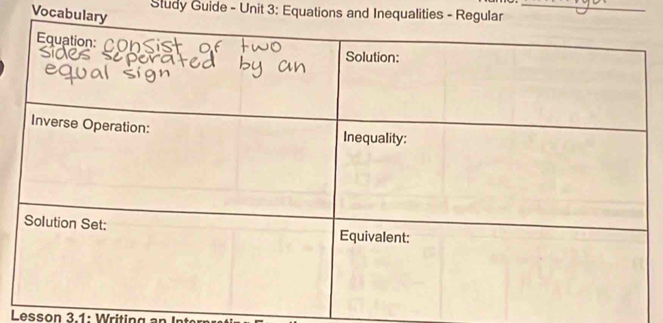 Study Guide - Unit 3: Equations and Inequalities - Regular_ 
Vocabula 
Lesson 3.1: Writing an