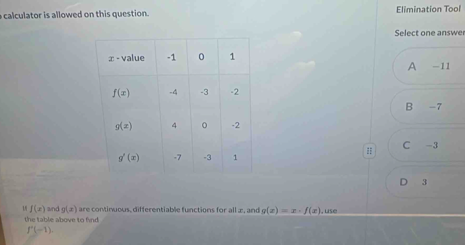 calculator is allowed on this question. Elimination Tool
Select one answer
A -11
B -7
C -3
:;
3
f f(x) and g(x) are continuous, differentiable functions for all x, and g(x)=x· f(x) , use
the table above to find
f'(-1).