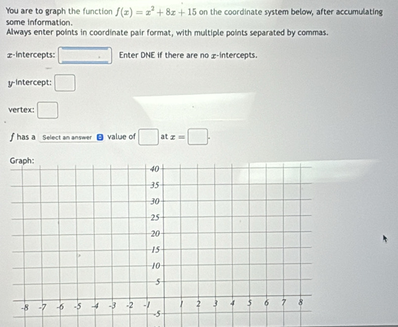 You are to graph the function f(x)=x^2+8x+15 on the coordinate system below, after accumulating 
some information. 
Always enter points in coordinate pair format, with multiple points separated by commas. 
_ 
x-intercepts: Enter DNE if there are no x-intercepts. 
y-intercept: 
vertex: □
f has a Select an answer value of □ at x=□.