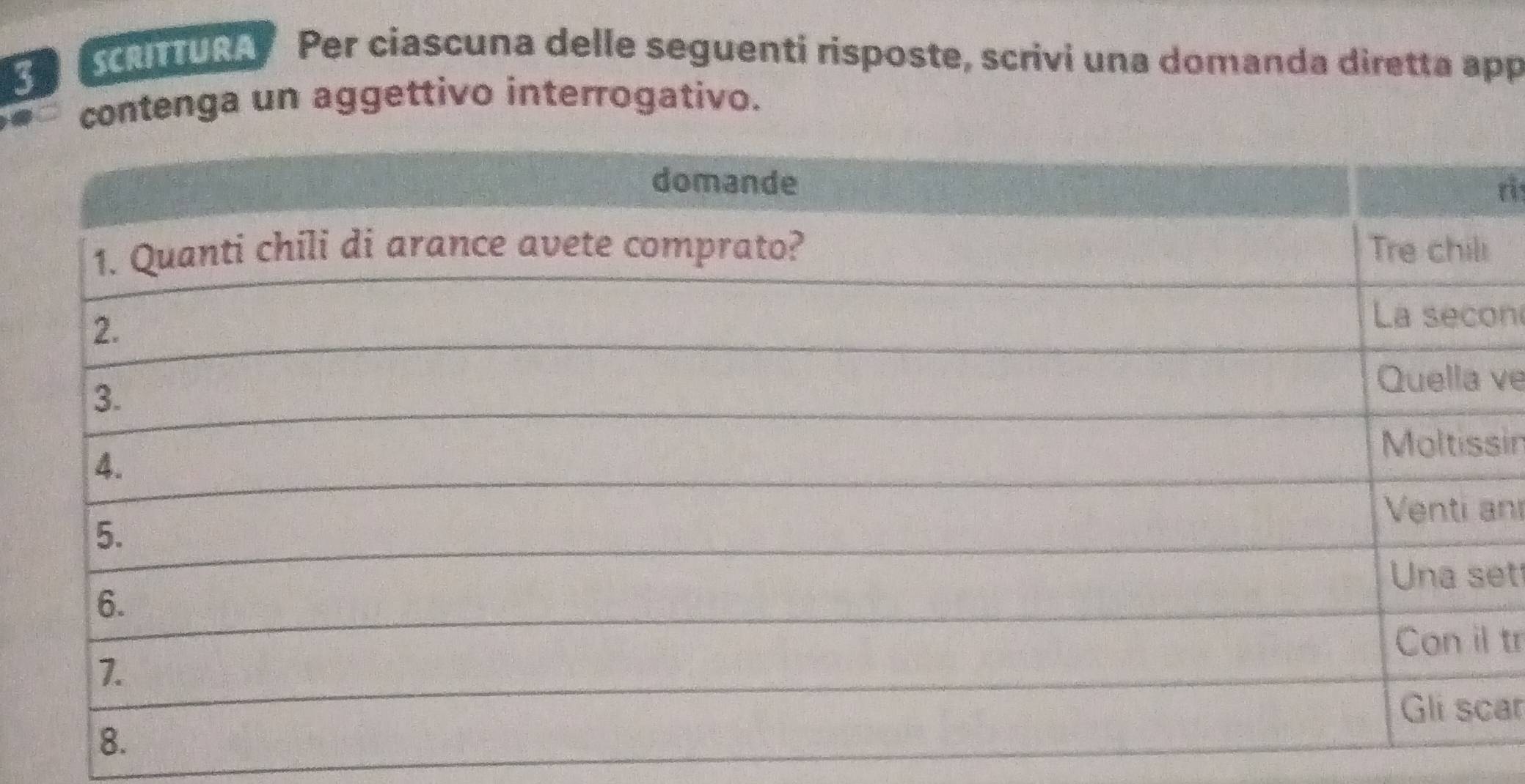 TURA Per ciascuna delle seguenti risposte, scrivi una domanda diretta app 
contenga un aggettivo interrogativo. 
i 
n 
ve 
sin 
ní 
et 
tr 
ar