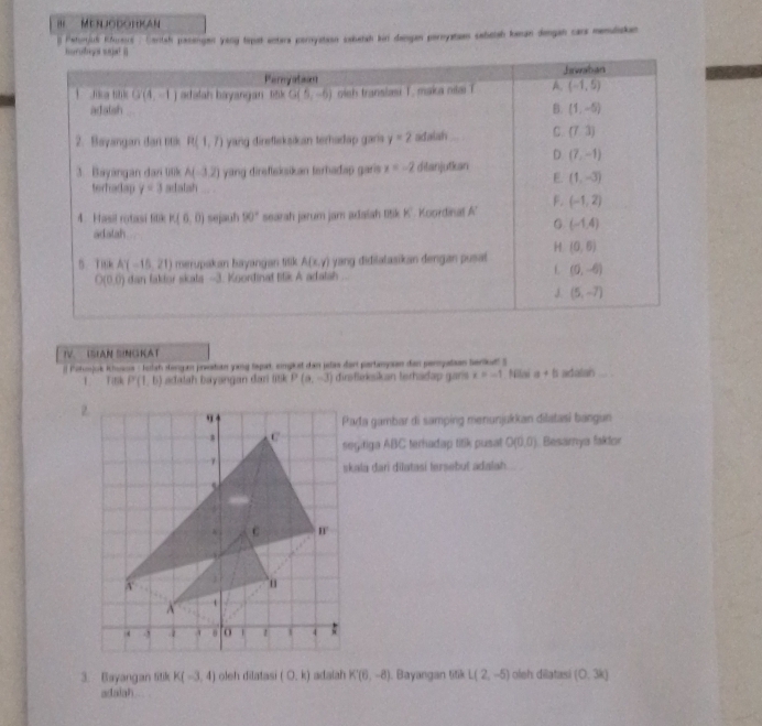 Me nuodomican
g Perorjus Kforeus : Cantsh pasengen yong tipst entera porryatasn sebetsh kin dangen pernyatin sabelsh kanan dengah car memliske
IV. ISIAN SNGKAT
il Pohmjok khuaus : kolsh sengan pwatuan yang tapat, singkat dan jelas dar partanyaan dan peryatian berlkut Nilai a+b adalan
1 Ttsk P(1,b) adatah bayangan dari litk P(a,-3) dirəfleksikan terhadap gars x=-1
Parta gambar di samping menunjukkan dilatasi bangun
segatiga ABC terhadap titik pusat O(0,0) Besarya faktor
skala dari dilatasi tersebut adalah.
3. Bayangan titik K(-3,4) oleh dilatasi (0,k) adaiah K'(6,-8). Bayangan titik L(2,-5) oleh dilatasi (0,3k)
adaiah