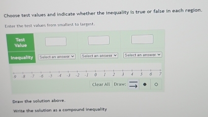 Choose test values and indicate whether the inequality is true or false in each region. 
Enter the test values from smallest to largest. 
Test 
Value 
Inequality Select an answer Select an answer Select an answer 
Clear All Draw: 
Draw the solution above. 
Write the solution as a compound inequality