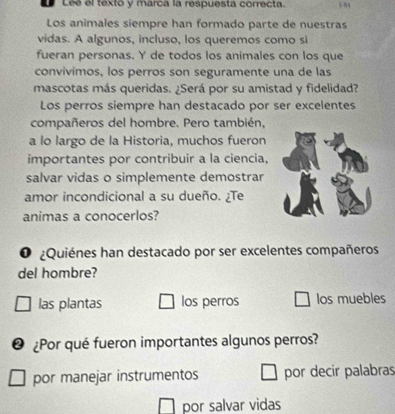 Lee el texto y marca la respuesta correcta. (-8)
Los animales siempre han formado parte de nuestras
vidas. A algunos, incluso, los queremos como sì
fueran personas. Y de todos los animales con los que
convivimos, los perros son seguramente una de las
mascotas más queridas. ¿Será por su amistad y fidelidad?
Los perros siempre han destacado por ser excelentes
compañeros del hombre. Pero también,
a lo largo de la Historia, muchos fueron
importantes por contribuir a la ciencia,
salvar vidas o simplemente demostrar
amor incondicional a su dueño. ¿Te
animas a conocerlos?
O ¿Quiénes han destacado por ser excelentes compañeros
del hombre?
las plantas los perros los muebles
@ ¿Por qué fueron importantes algunos perros?
por manejar instrumentos por decir palabras
por salvar vidas