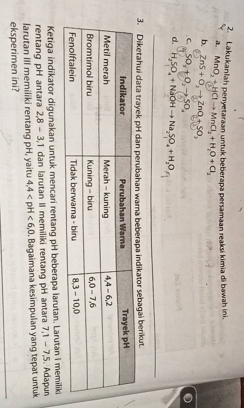 Lakukanlah penyetaraan untuk beberapa persamaan reaksi kimia di bawah ini. 
a. MnO_2+HClto MnCl_2+H_2O+Cl_2
b. ZnS+O_2to ZnO+SO_2 (7)(
C. SO_3+O_2to SO_4
d. H_2SO_4+NaOHto Na_2SO_4+H_2O
3. Diketahui data trayek pH dan peruberapa indikator sebagai berikut. 
Ketiga indikator digunakan untuk mencari rentang pH beberapa larutan. Larutan I memiliki 
rentang pH antara 2, 8-3, 1 dan larutan II memiliki rentang pH antara 7, 1-7, 5.Adapun 
larutan III memiliki rentang pH, yaitu 4, 4 , 0. Bagaimana kesimpulan yang tepat untuk 
eksperimen ini?