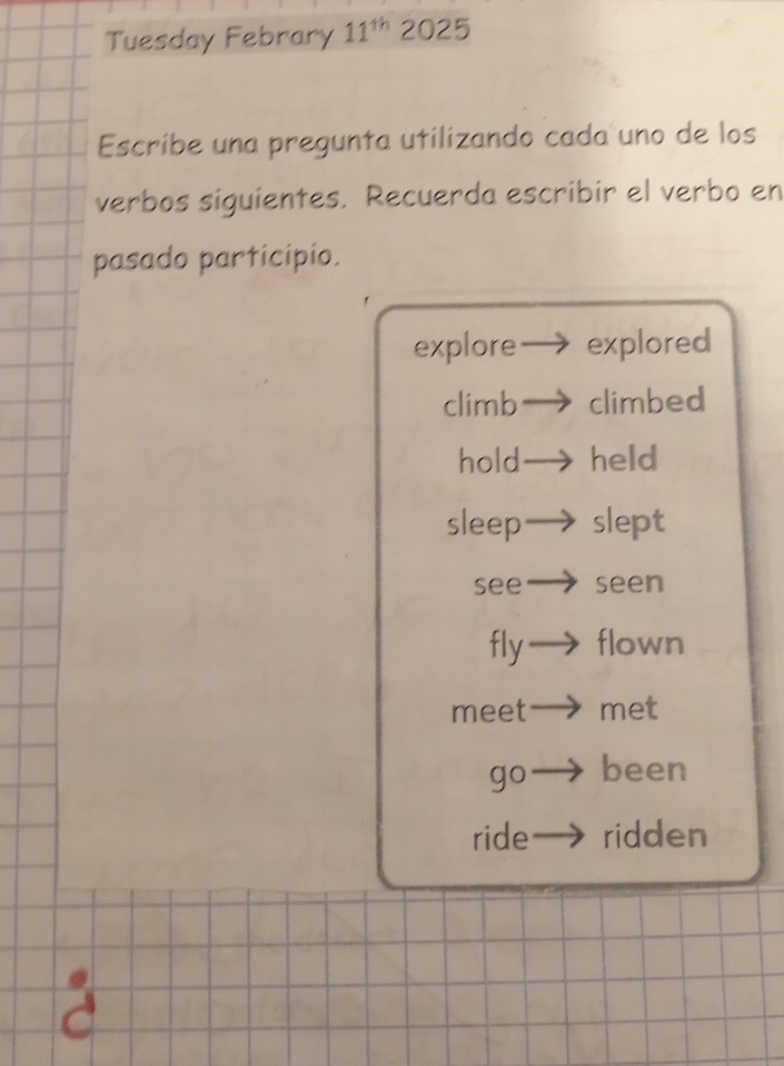 Tuesday Febrary 11^(th) 2025
Escribe una pregunta utilizando cada uno de los
verbos siguientes. Recuerda escribir el verbo en
pasado participio.
explore explored
climb climbed
hold held
sleep→ slept
see seen
fly flown
meet met
go been
ride ridden
a