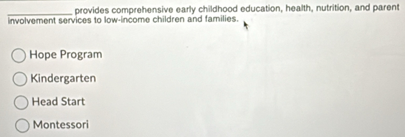 provides comprehensive early childhood education, health, nutrition, and parent
involvement services to low-income children and families.
Hope Program
Kindergarten
Head Start
Montessori