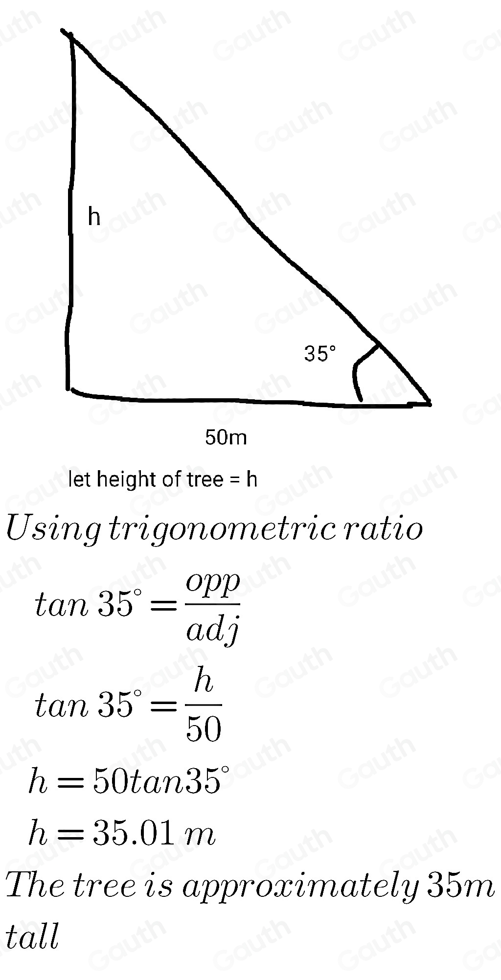 Solved: A tree casts a 50 m shadow when the angle of elevation to the ...