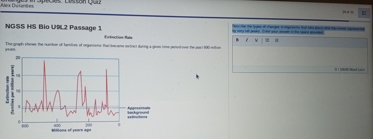 inges in Species: Lessón Quiz 
Alex Duranties 
14 of 15 
Describe the types of changes in organisms that take place after the events represented 
NGSS HS Bio U9L2 Passage 1 by very tall peaks. Enter your answer in the space provided. 
Extinction Rate 
B u = 
The graph shows the number of families of organisms that became extinct during a given time period over the past 600 million
ye ars . 
0 / 10000 Word Limit