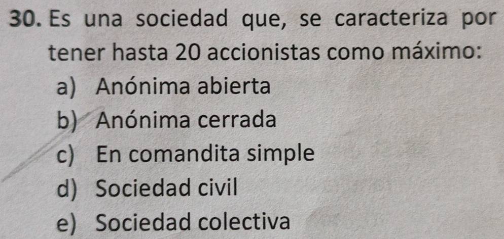 Es una sociedad que, se caracteriza por
tener hasta 20 accionistas como máximo:
a) Anónima abierta
b) Anónima cerrada
c) En comandita simple
d) Sociedad civil
e) Sociedad colectiva