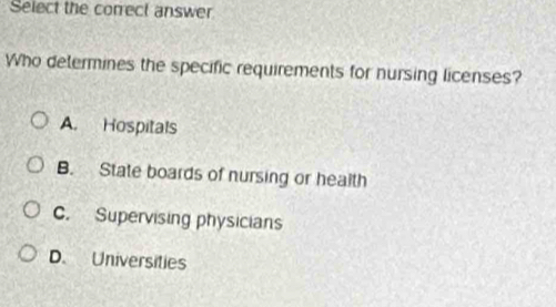 Select the correct answer
Who determines the specific requirements for nursing licenses?
A. Hospitals
B. State boards of nursing or health
C. Supervising physicians
D. Universities