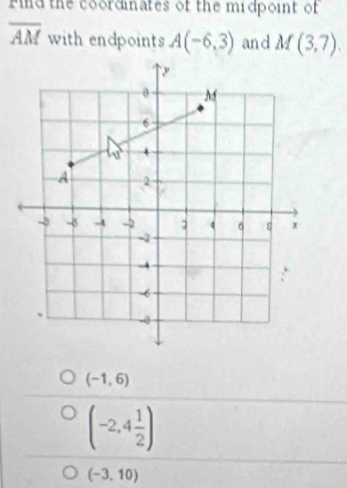 ind the coordinates of the midpoint of
overline AM with endpoints A(-6,3) an d M(3,7).
(-1,6)
(-2,4 1/2 )
(-3,10)