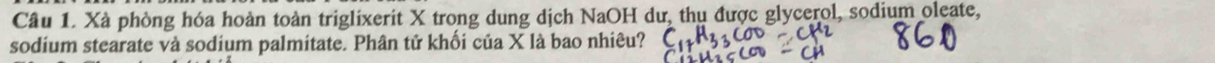 Xà phòng hóa hoàn toàn triglixerit X trong dung dịch NaOH dư, thụ được glycerol, sodium oleate, 
sodium stearate và sodium palmitate. Phân tử khối của X là bao nhiêu?