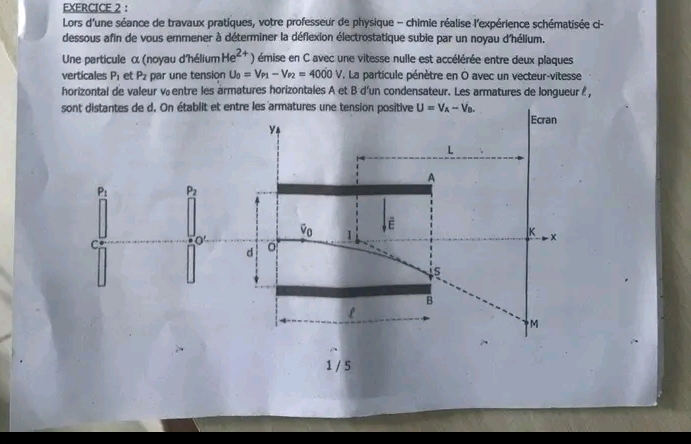 Lors d'une séance de travaux pratiques, votre professeur de physique - chimie réalise l'expérience schématisée ci-
dessous afin de vous emmener à déterminer la déflexion électrostatique subie par un noyau d'hélium.
Une particule α (noyau d'hélium He^(2+)) émise en C avec une vitesse nuile est accélérée entre deux plaques
verticales P_1 et P_2 par une tension U_0=V_P1-V_P2=4000V. La particule pénètre en O avec un vecteur-vitesse
horizontal de valeur v entre les armatures horizontales A et B d'un condensateur. Les armatures de longueur  ,
sont distantes de d. On établit et entre les armatures une tension positive U=V_A-V_B.