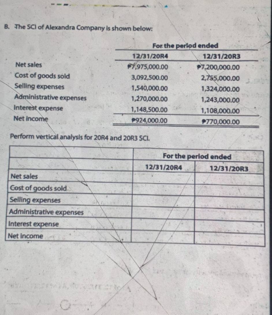 The SCI of Alexandra Company is shown below: 
Net sales 
Cost of goods sold 
Selling expenses 
Administrative expenses 
Interest expense 
Net income 
Perform vertical analysis for 20R4 and 20R3 SCI.