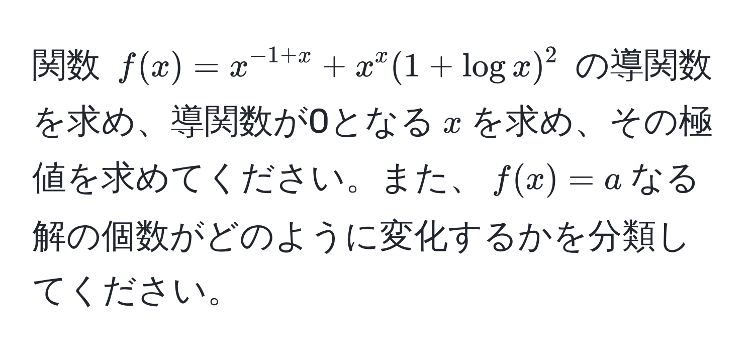 関数 $f(x) = x^(-1+x) + x^(x (1 + logx))^2$ の導関数を求め、導関数が0となる$x$を求め、その極値を求めてください。また、$f(x) = a$なる解の個数がどのように変化するかを分類してください。