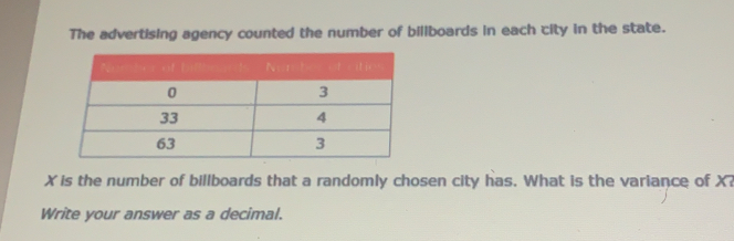 The advertising agency counted the number of billboards in each city in the state.
X is the number of billboards that a randomly chosen city has. What is the variance of X7
Write your answer as a decimal.