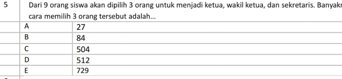 Dari 9 orang siswa akan dipilih 3 orang untuk menjadi ketua, wakil ketua, dan sekretaris. Banyak
cara memilih 3 orang tersebut adalah...
A 27
B 84
C 504
D 512
E 729