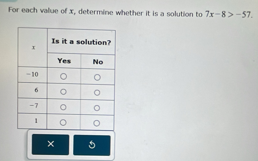 For each value of x, determine whether it is a solution to 7x-8>-57. 
×