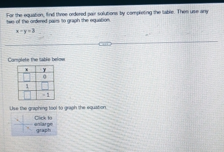 For the equation, find three ordered pair solutions by completing the table. Then use any 
two of the ordered pairs to graph the equation.
x-y=3
Complete the table below. 
Use the graphing tool to graph the equation 
Click to 
enlarge 
graph