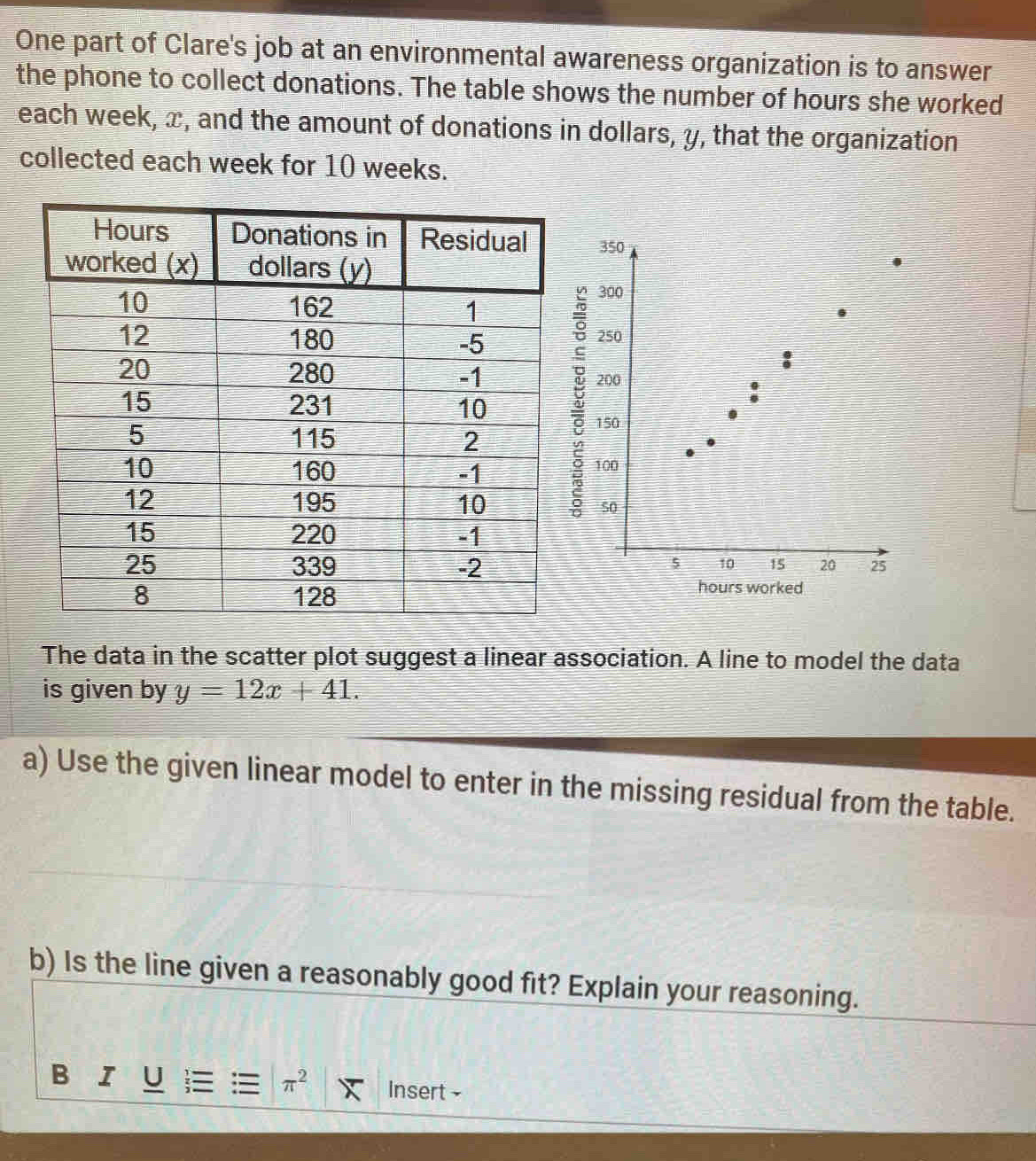 One part of Clare's job at an environmental awareness organization is to answer 
the phone to collect donations. The table shows the number of hours she worked 
each week, x, and the amount of donations in dollars, y, that the organization 
collected each week for 10 weeks.
350
300
250
200
150
100
5 10 15 20 25
hours worked 
The data in the scatter plot suggest a linear association. A line to model the data 
is given by y=12x+41. 
a) Use the given linear model to enter in the missing residual from the table. 
b) Is the line given a reasonably good fit? Explain your reasoning. 
B I
π^2 Insert -