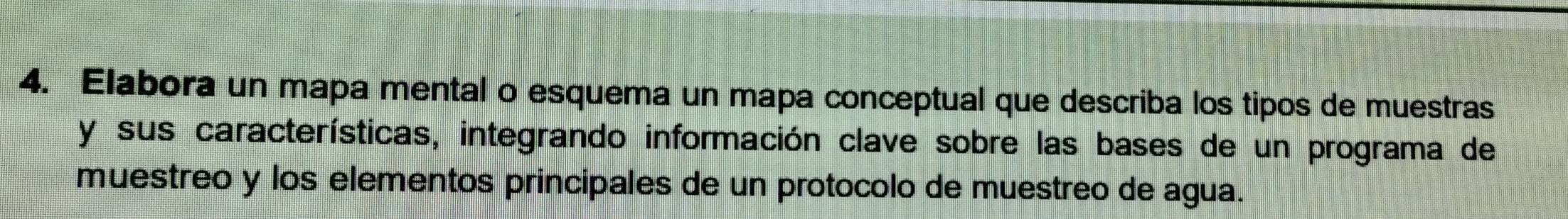 Elabora un mapa mental o esquema un mapa conceptual que describa los tipos de muestras 
y sus características, integrando información clave sobre las bases de un programa de 
muestreo y los elementos principales de un protocolo de muestreo de agua.