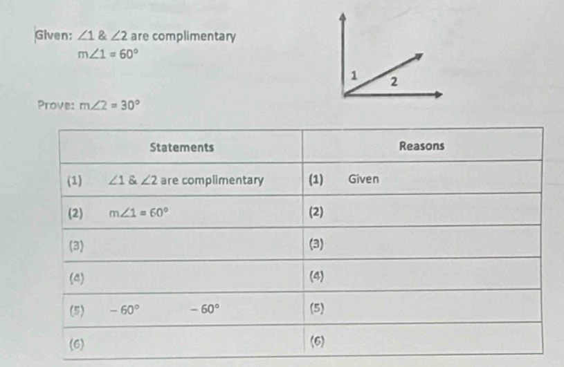 Given: ∠ 1∠ 2ngle2 are complimentary
m∠ 1=60°
Prove: m∠ 2=30°