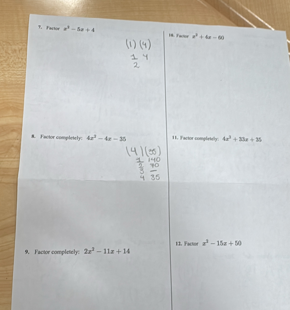 Factor x^2-5x+4 10. Factor x^2+4x-60
8. Factor completely: 4x^2-4x-35 11. Factor completely: 4x^2+33x+35
12. Factor x^2-15x+50
9. Factor completely: 2x^2-11x+14