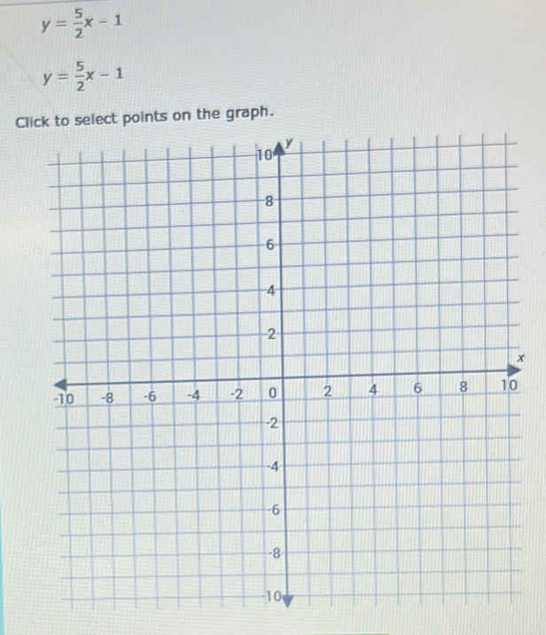 y= 5/2 x-1
y= 5/2 x-1
Cl the graph.
x