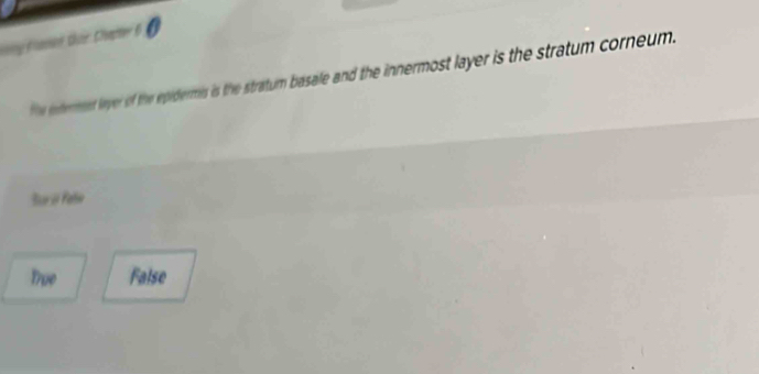 Hanen tar Chape 6 0
e exterment leyer of the epiderms is the stratum basale and the innermost layer is the stratum corneum.
Srí Paln
Tue False