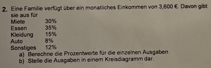 Eine Familie verfügt über ein monatliches Einkommen von 3,600 €. Davon gibt 
sie aus für 
Miete 30%
Es sen 35%
Kleidung 15%
Auto 8%
Sonstiges 12%
a) Berechne die Prozentwerte für die einzelnen Ausgaben 
b) Stelle die Ausgaben in einem Kreisdiagramm dar.