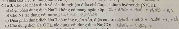 đầu mệu của việc su đụng nược cu 
Câu 3. Cho các nhận định về các thí nghiệm điều chế được sodium hydroxide (NaOH). 
a) Điện phân dung dịch NaCl không có màng ngăn : xhat o
b) Cho Na tác dụng với nước 
c) Điện phân dung dịch NaCl có màng ngăn xốp, điện cực trơ. 
d) Cho dung dịch Ca(OH)_2 tác dụng với dung dịch Na_2CO_3.