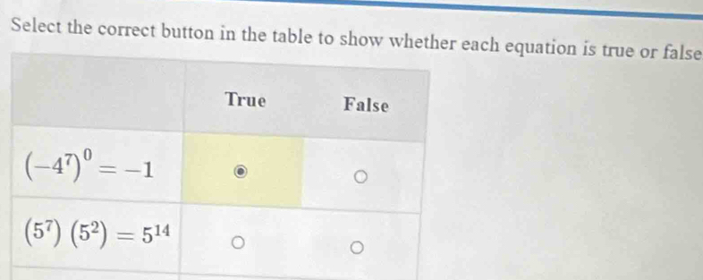 Select the correct button in the table to show whetherh equation is true or false