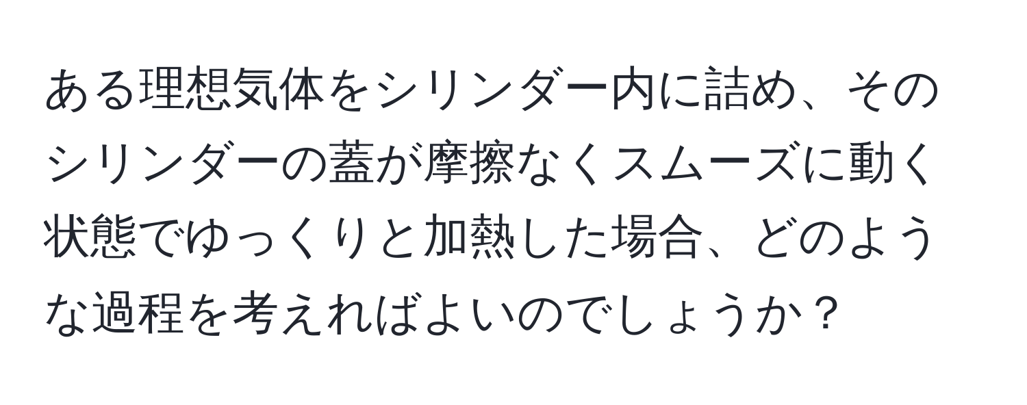 ある理想気体をシリンダー内に詰め、そのシリンダーの蓋が摩擦なくスムーズに動く状態でゆっくりと加熱した場合、どのような過程を考えればよいのでしょうか？
