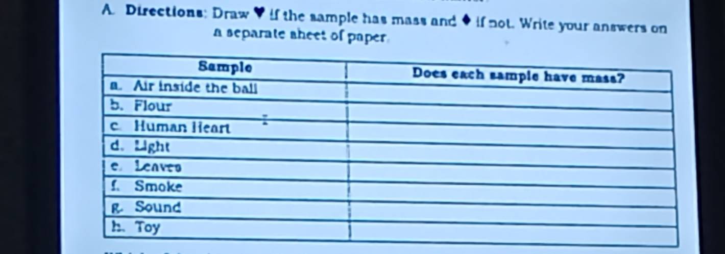 Directions: Draw 7 if the sample has mass and 0 if not. Write your answers on 
a separate sheet of paper