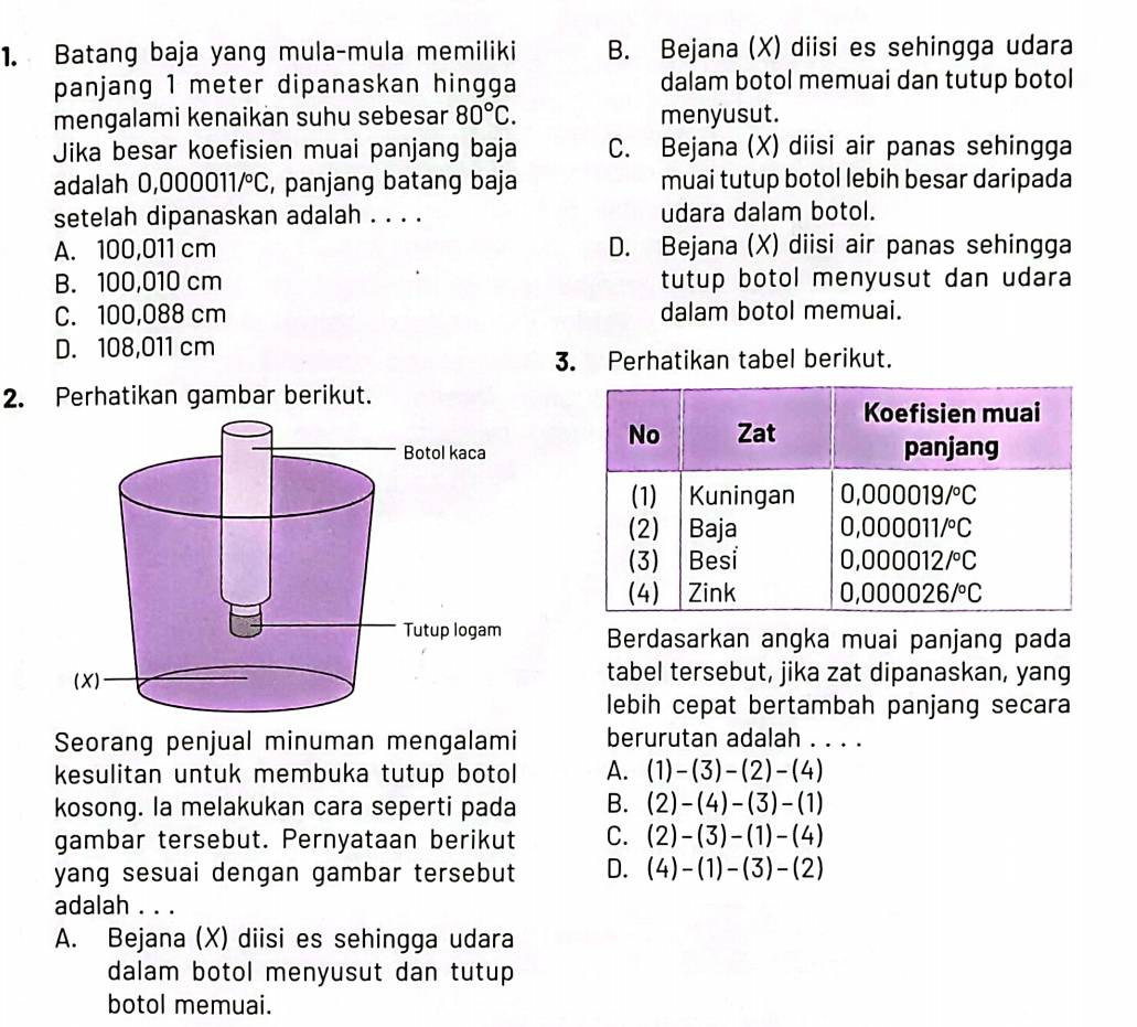 Batang baja yang mula-mula memiliki B. Bejana (X) diisi es sehingga udara
panjang 1 meter dipanaskan hingga dalam botol memuai dan tutup botol
mengalami kenaikan suhu sebesar 80°C. menyusut.
Jika besar koefisien muai panjang baja C. Bejana (X) diisi air panas sehingga
adalah 0,000011/°C, panjang batang baja muai tutup botol lebih besar daripada
setelah dipanaskan adalah . . . . udara dalam botol.
A. 100,011 cm D. Bejana (X) diisi air panas sehingga
B. 100,010 cm tutup botol menyusut dan udara
C. 100,088 cm dalam botol memuai.
D. 108,011 cm
3. Perhatikan tabel berikut.
2. Perhatikan gambar berikut.
Berdasarkan angka muai panjang pada
tabel tersebut, jika zat dipanaskan, yang
lebih cepat bertambah panjang secara
Seorang penjual minuman mengalami berurutan adalah . . . .
kesulitan untuk membuka tutup botol A. (1)-(3)-(2)-(4)
kosong. la melakukan cara seperti pada B. (2)-(4)-(3)-(1)
gambar tersebut. Pernyataan berikut C. (2)-(3)-(1)-(4)
yang sesuai dengan gambar tersebut D. (4)-(1)-(3)-(2)
adalah . . .
A. Bejana (X) diisi es sehingga udara
dalam botol menyusut dan tutup 
botol memuai.