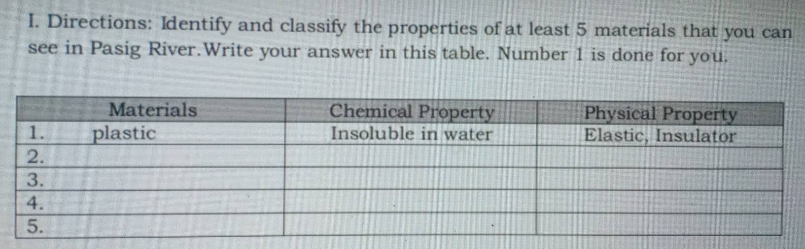 Directions: Identify and classify the properties of at least 5 materials that you can 
see in Pasig River.Write your answer in this table. Number 1 is done for you.