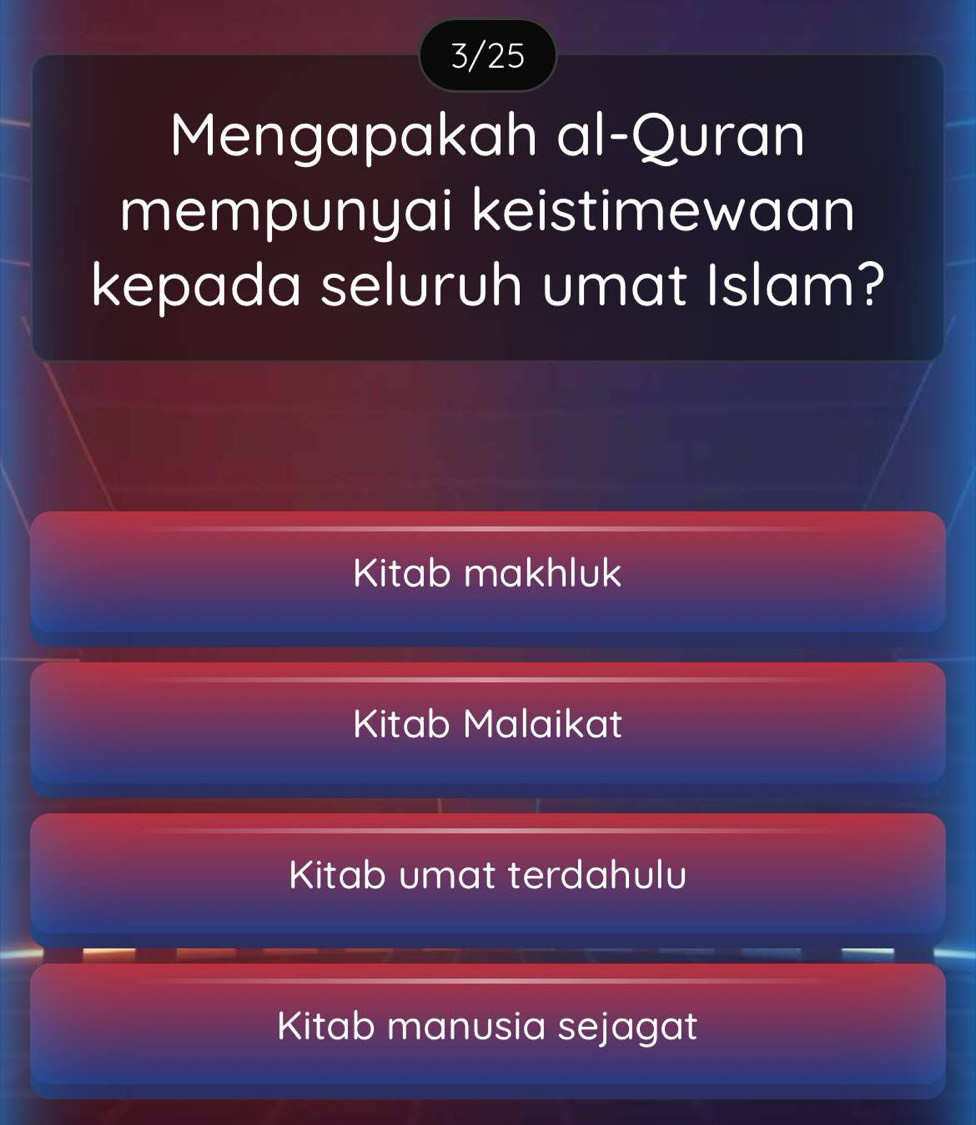 3/25
Mengapakah al-Quran
mempunyai keistimewaan
kepada seluruh umat Islam?
Kitab makhluk
Kitab Malaikat
Kitab umat terdahulu
Kitab manusia sejagat