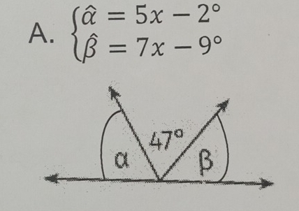 beginarrayl hat alpha =5x-2° hat beta =7x-9°endarray. 