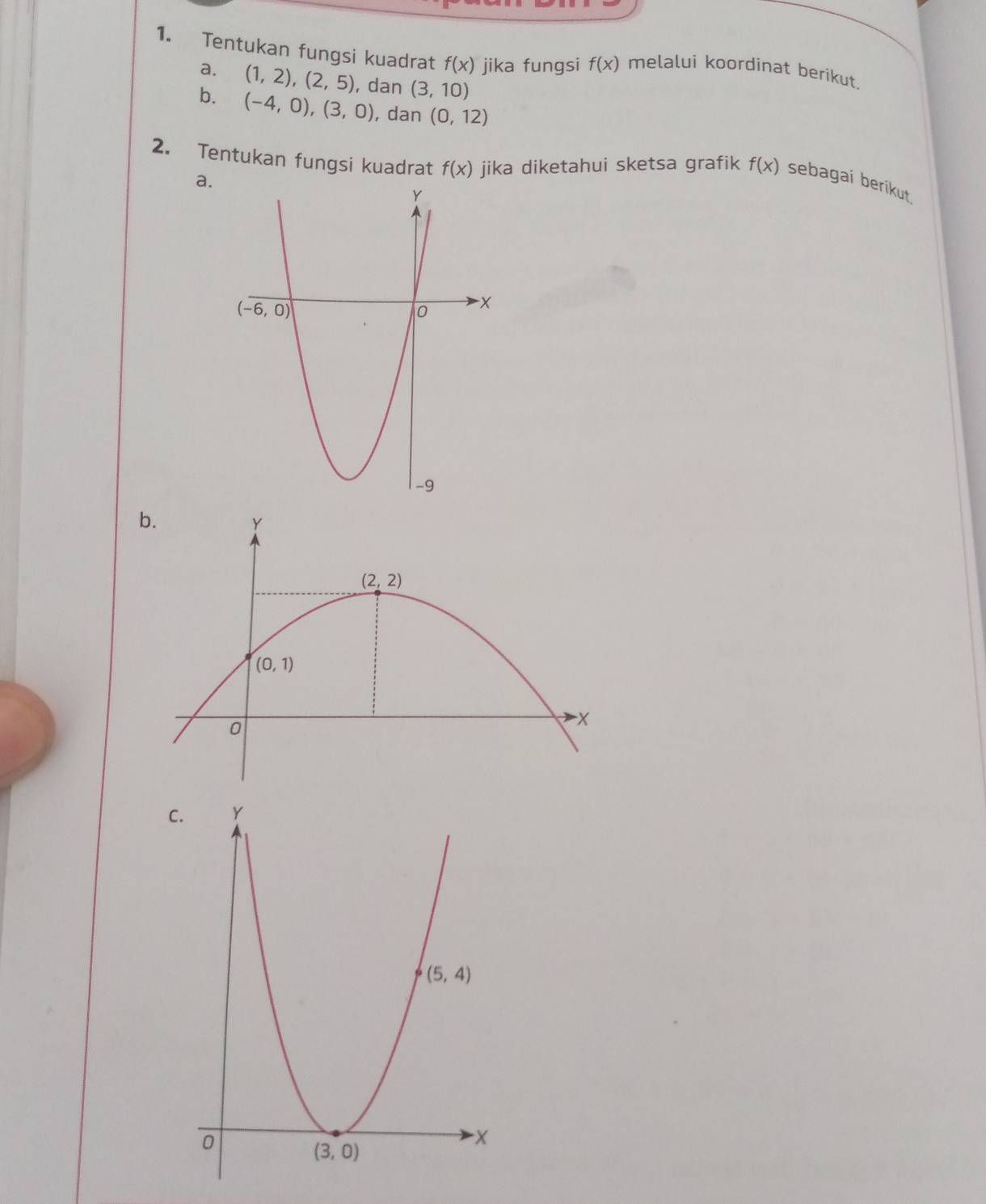 Tentukan fungsi kuadrat f(x) jika fungsi f(x) melalui koordinat berikut.
a. (1,2),(2,5) , dan (3,10)
b. (-4,0),(3,0) , dan (0,12)
2. Tentukan fungsi kuadrat f(x) jika diketahui sketsa grafik f(x) sebagai berikut
a.
C