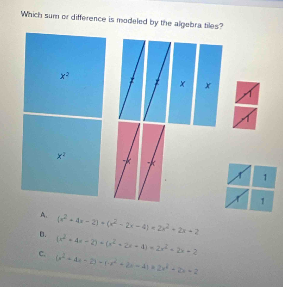 Which sum or difference is modeled by the algebra tiles?
A. (x^2+4x-2)-(x^2-2x-4)=2x^2+2x+2
B. (x^2+4x-2)-(x^2+2x-4)=2x^2-2x-2
C. (x^2+4x-2)-(-x^2+2x-4)=2x^2-2x+2