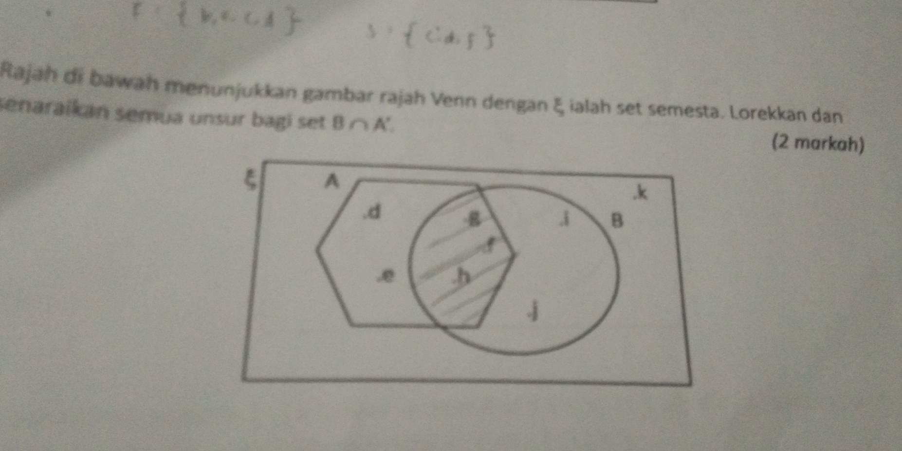 Rajah di bawah menunjukkan gambar rajah Venn dengan ξ ialah set semesta. Lorekkan dan
senaraikan semua unsur bagi set B∩ A'. 
(2 markah)
ξ
A . k . d
g
B . e . b
j