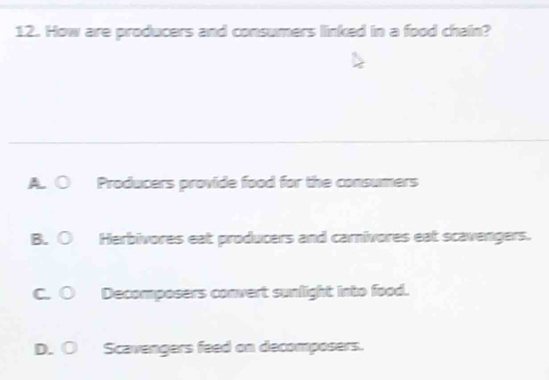 How are producers and consumers linked in a food chain?
Producers provide food for the consumers
B. ○ Herbivores eat producers and carnivores eat scavengers.
C. ○ Decomposers convert sunlight into food.
D. ○ Scavengers feed on decomposers.