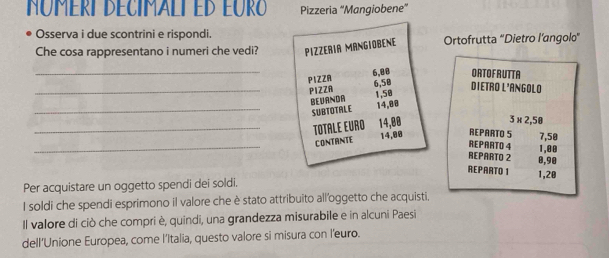 NúmeRI DéCiMaLi ed Euró Pizzeria “Mangiobene” 
Osserva i due scontrini e rispondi. 
Che cosa rappresentano i numeri che vedi? PIZZERIA MANGIOBENE Ortofrutta “Dietro l’angolo' 
_PIZZA 6,88 ORTOFRUTTA 
_PIZZA 6,50 1,50 DIETRO L'ANGOLO 
SUBTOTALE 
_BEVANDA 14,88 3 x 2,50
_TOTALE EURO 14,00
_ 
CONTANTE 14,08 REPARTO S 7,50
REPARTO 4 1,00
REPARTO 2 8,90
REPARTO 1 1,20
Per acquistare un oggetto spendi dei soldi. 
I soldi che spendi esprimono il valore che è stato attribuito all’oggetto che acquisti. 
Il valore di ciò che compri è, quindi, una grandezza misurabile e in alcuni Paesi 
dell'Unione Europea, come l’Italia, questo valore si misura con l’euro.