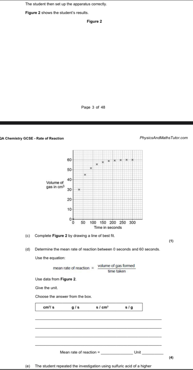 The student then set up the apparatus correctly.
Figure 2 shows the student's results.
Figure 2
Page 3 of 48
QA Chemistry GCSE - Rate of Reaction PhysicsAndMathsTutor.com
(c) Complete Figure 2 by drawing a line of best fit.
(1)
(d) Determine the mean rate of reaction between 0 seconds and 60 seconds.
Use the equation:
mean rate of reaction = volumeofgasformed/timetaken 
Use data from Figure 2.
Give the unit.
Choose the answer from the box.
cm³/ s g / s s cm^3 s/g
_
_
_
_
Mean rate of reaction =_ Unit _(4)
(e) The student repeated the investigation using sulfuric acid of a higher