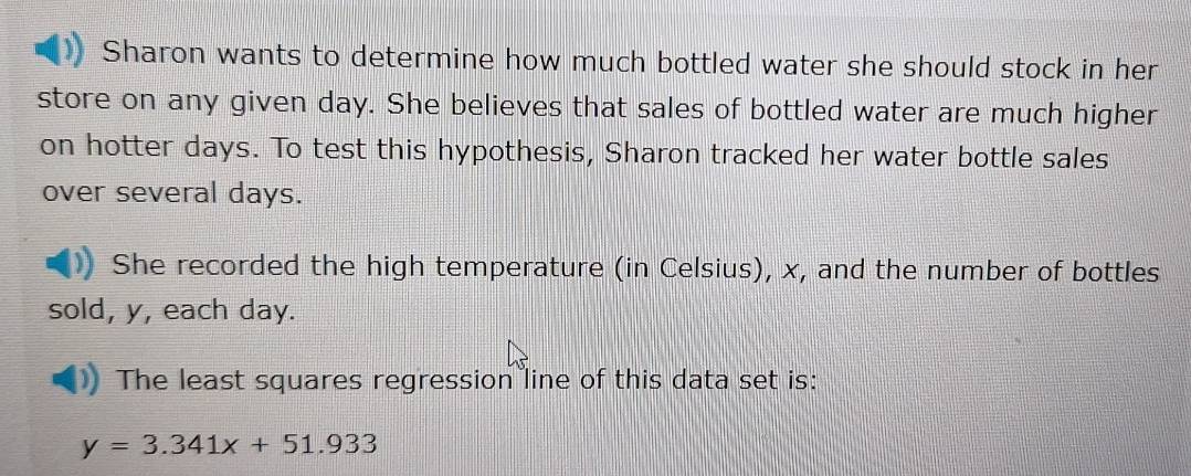 Sharon wants to determine how much bottled water she should stock in her 
store on any given day. She believes that sales of bottled water are much higher 
on hotter days. To test this hypothesis, Sharon tracked her water bottle sales 
over several days. 
She recorded the high temperature (in Celsius), x, and the number of bottles 
sold, y, each day. 
The least squares regression line of this data set is:
y=3.341x+51.933