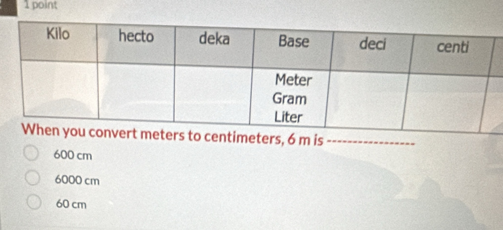 s, 6 m is
600 cm
6000 cm
60 cm