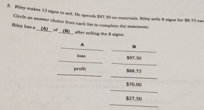 Riley makes 13 signs to sell, He spends $97.50 on materials. Riley sells 8 signs for $8.75 ea
Circle an answer choice from each list to complete the statement.
Riley has a __(A)__ of __(B)__ after selling the 8 signs.
A
B
loss $97.50
profit $88.75
$70.00
$27.50