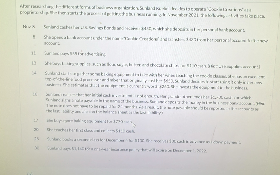 After researching the different forms of business organization. Sunland Koebel decides to operate “Cookie Creations” as a 
proprietorship. She then starts the process of getting the business running. In November 2021, the following activities take place. 
Nov. 8 Sunland cashes her U.S. Savings Bonds and receives $450, which she deposits in her personal bank account. 
8 She opens a bank account under the name “Cookie Creations” and transfers $430 from her personal account to the new 
account. 
11 Sunland pays $55 for advertising. 
13 She buys baking supplies, such as flour, sugar, butter, and chocolate chips, for $110 cash. (Hint: Use Supplies account.) 
14 Sunland starts to gather some baking equipment to take with her when teaching the cookie classes. She has an excellent 
top-of-the-line food processor and mixer that originally cost her $650. Sunland decides to start using it only in her new 
business. She estimates that the equipment is currently worth $260. She invests the equipment in the business. 
16 Sunland realizes that her initial cash investment is not enough. Her grandmother lends her $1,700 cash, for which 
Sunland signs a note payable in the name of the business. Sunland deposits the money in the business bank account. (Hint: 
The note does not have to be repaid for 24 months. As a result, the note payable should be reported in the accounts as 
the last liability and also on the balance sheet as the last liability.) 
17 She buys more baking equipment for $770 cash. 
20 She teaches her first class and collects $110 cash. 
25 Sunland books a second class for December 4 for $130. She receives $30 cash in advance as a down payment. 
30 Sunland pays $1,140 for a one-year insurance policy that will expire on December 1, 2022.