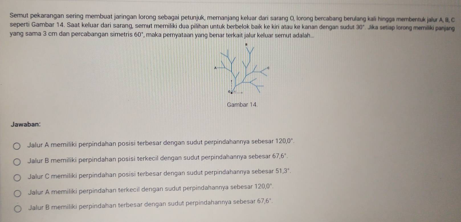 Semut pekarangan sering membuat jaringan lorong sebagai petunjuk, memanjang keluar dari sarang O, lorong bercabang berulang kali hingga membentuk jalur A, B, C
seperti Gambar 14. Saat keluar dari sarang, semut memiliki dua pilihan untuk berbelok baik ke kiri atau ke kanan dengan sudut 30° Jika setiap lorong memiliki panjang
yang sama 3 cm dan percabangan simetris 60° , maka pernyataan yang benar terkait jalur keluar semut adalah...
n
c
C
Gambar 14
Jawaban:
Jalur A memiliki perpindahan posisi terbesar dengan sudut perpindahannya sebesar 120, 0°.
Jalur B memiliki perpindahan posisi terkecil dengan sudut perpindahannya sebesar 67, 6°.
Jalur C memiliki perpindahan posisi terbesar dengan sudut perpindahannya sebesar 51, 3°.
Jalur A memiliki perpindahan terkecil dengan sudut perpindahannya sebesar 120, 0°.
Jalur B memiliki perpindahan terbesar dengan sudut perpindahannya sebesar 67, 6°.