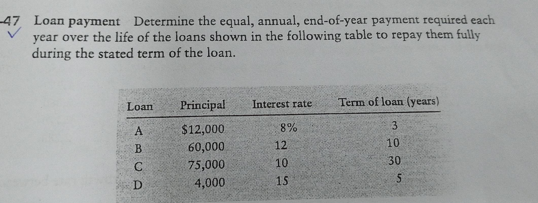 Loan payment Determine the equal, annual, end-of-year payment required each
year over the life of the loans shown in the following table to repay them fully 
during the stated term of the loan.